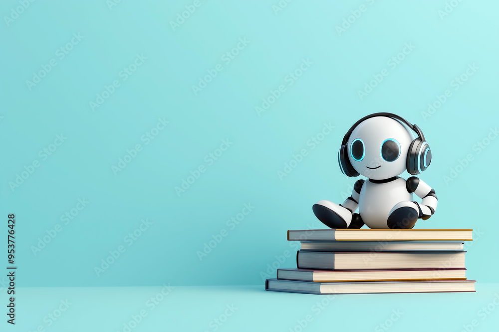 Robot with Headphones Sitting on Books, Blue Background
Robot with Headphones Sitting on Books, Blue Background
