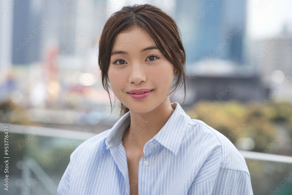 Woman smiling in city. Young woman with long hair in a striped shirt smiling at the camera. Woman smiling in city. Young woman with long hair in a striped shirt smiling at the camera.