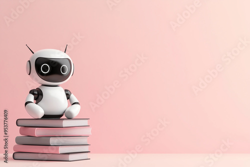 A cute robot sitting on a stack of books with a pink background