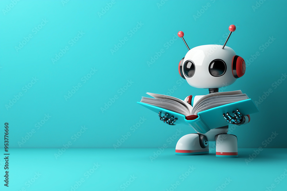 Robot Reading a Book on Blue Background | AI Learning and Technology Concept Robot Reading a Book on Blue Background | AI Learning and Technology Concept