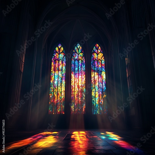 Glowing stained glass windows in a dark cathedral, capturing the light in vibrant colors, sacred glowtime, spiritual and majestic. photo