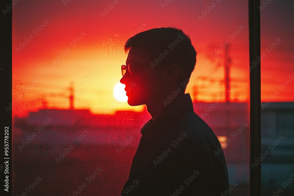 Silhouette of a Person Looking Out a Window at Sunset Silhouette of a Person Looking Out a Window at Sunset