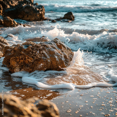 Waves lapping against the rocks on a beach photo