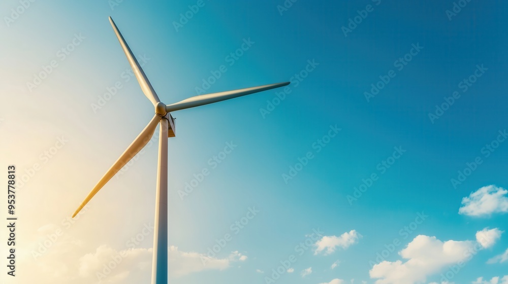 A majestic wind turbine stands against a clear blue sky, symbolizing renewable energy and sustainability. A majestic wind turbine stands against a clear blue sky, symbolizing renewable energy and sustainability.