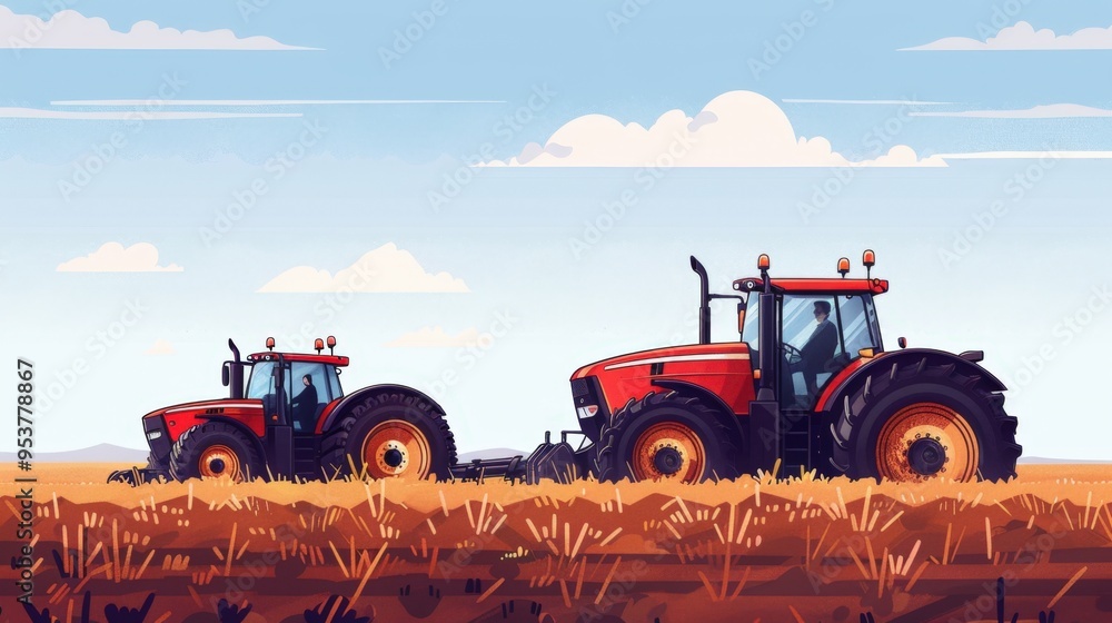 Fototapeta premium Autonomous tractors, sustainable farming machinery, flat design illustration