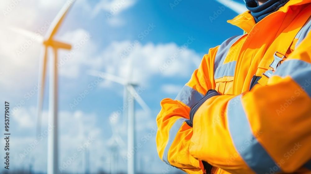 A confident worker in an orange safety jacket stands before wind turbines under a bright sky, symbolizing renewable energy. A confident worker in an orange safety jacket stands before wind turbines under a bright sky, symbolizing renewable energy.