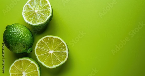 A vibrant display of fresh limes, sliced to reveal their juicy interior, set against a bright green background.