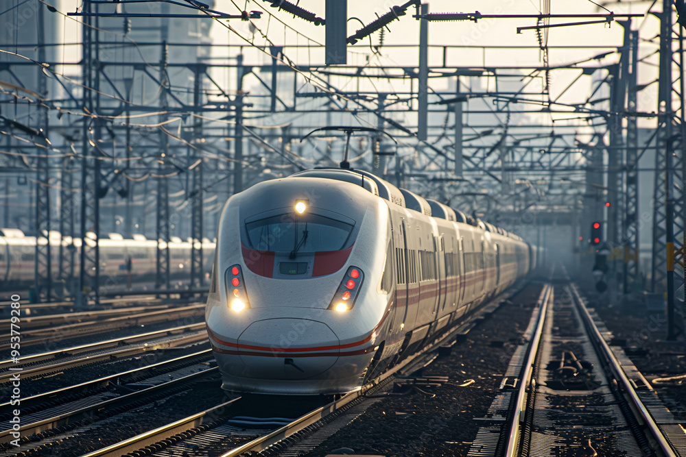 Fototapeta premium Electric modern speed passanger train on railway tracks speeding through urban landscape.