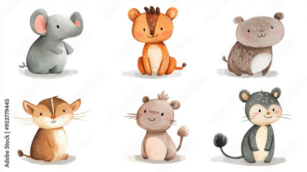 Six charming hand-drawn animals by a 3-year-old, isolated on a white background. The illustrations are filled with innocence and creativity, ideal for children's media. Six charming hand-drawn animals by a 3-year-old, isolated on a white background. The illustrations are filled with innocence and creativity, ideal for children's media.