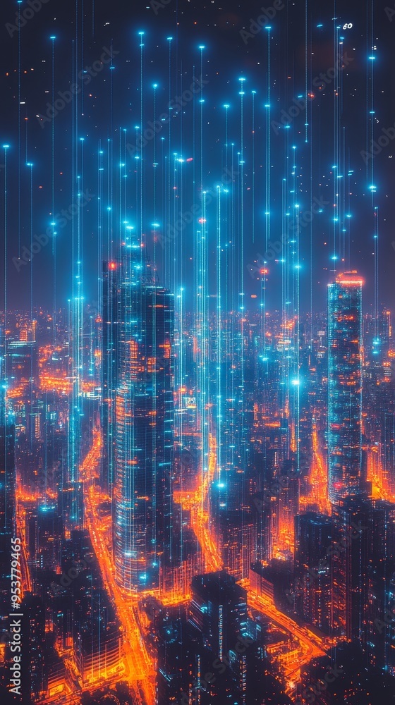 Obraz premium A futuristic cityscape showcasing glowing lights and digital effects, representing technological advancement and innovation.