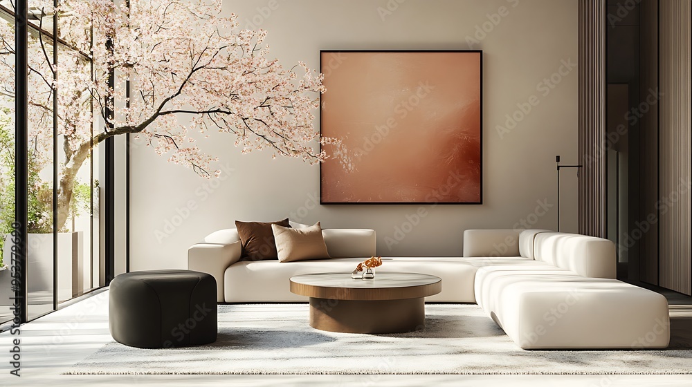 Modern living room with a white sectional sofa, a coffee table, and a flowering tree seen through a window Modern living room with a white sectional sofa, a coffee table, and a flowering tree seen through a window
