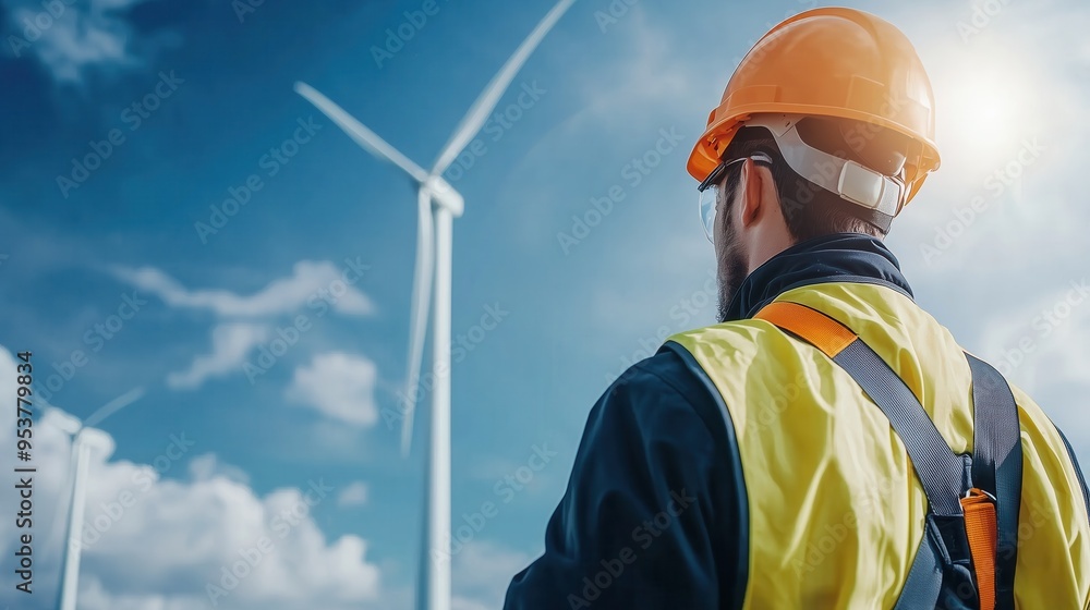 A worker inspects wind turbines, showcasing renewable energy and sustainability in a clear blue sky. A worker inspects wind turbines, showcasing renewable energy and sustainability in a clear blue sky.