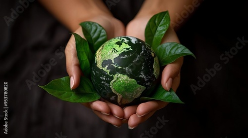 A human hand holds a globe surrounded by leaves, symbolizing nature, sustainability, and environmental care.