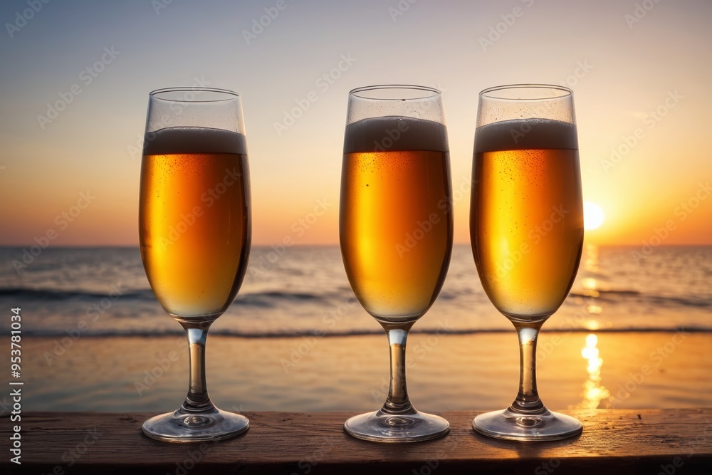 three glasses of beer are sitting on a table near the ocean three glasses of beer are sitting on a table near the ocean