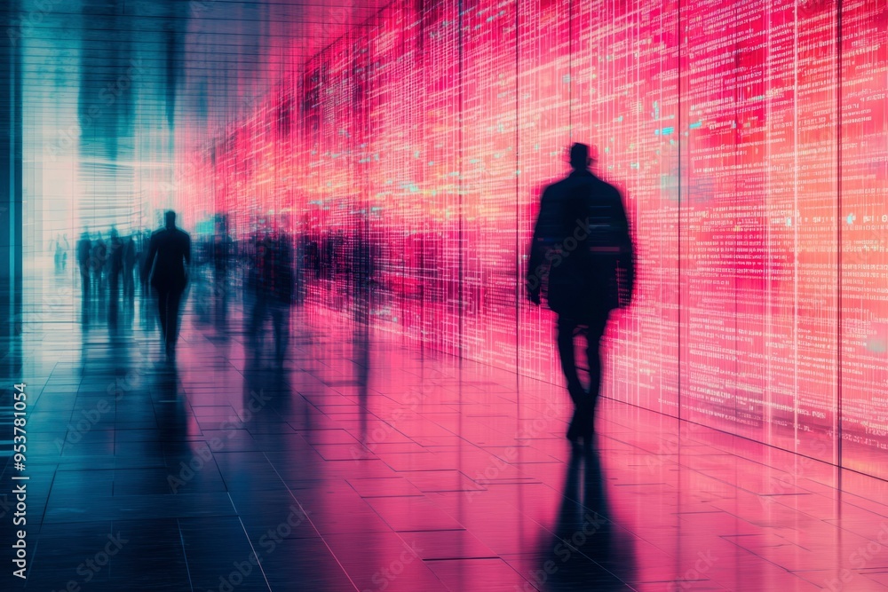 Blurred Silhouettes Walking Past a Wall of Digital Code Blurred Silhouettes Walking Past a Wall of Digital Code