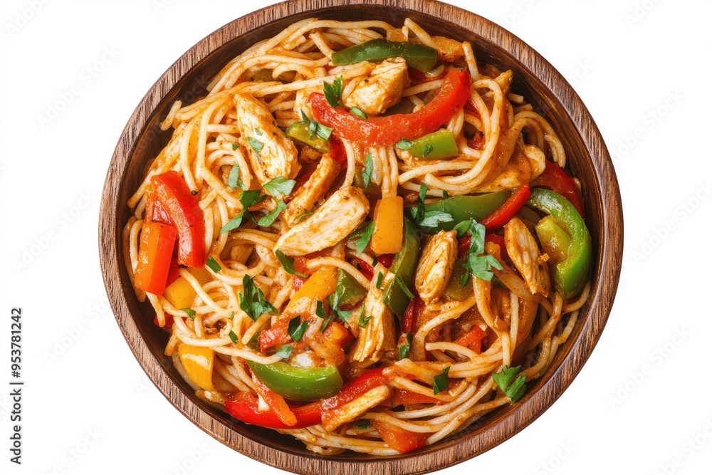 Chicken, Bell Pepper, and Spaghetti Pasta Dish in Wooden Bowl Chicken, Bell Pepper, and Spaghetti Pasta Dish in Wooden Bowl