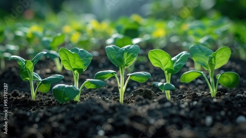 Little green saplings growing on the ground . Planting seedlings in the field