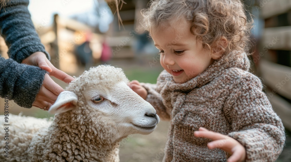 A toddler reaching out to touch a sheep at a petting zoo, with a parent guiding them. A toddler reaching out to touch a sheep at a petting zoo, with a parent guiding them.