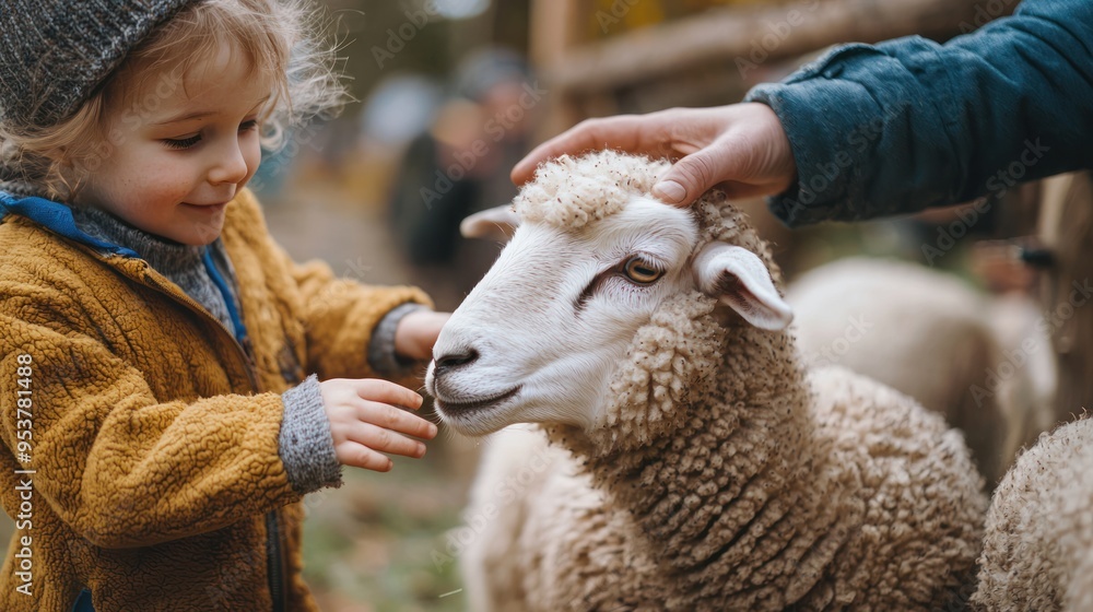 A toddler reaching out to touch a sheep at a petting zoo, with a parent guiding them.
