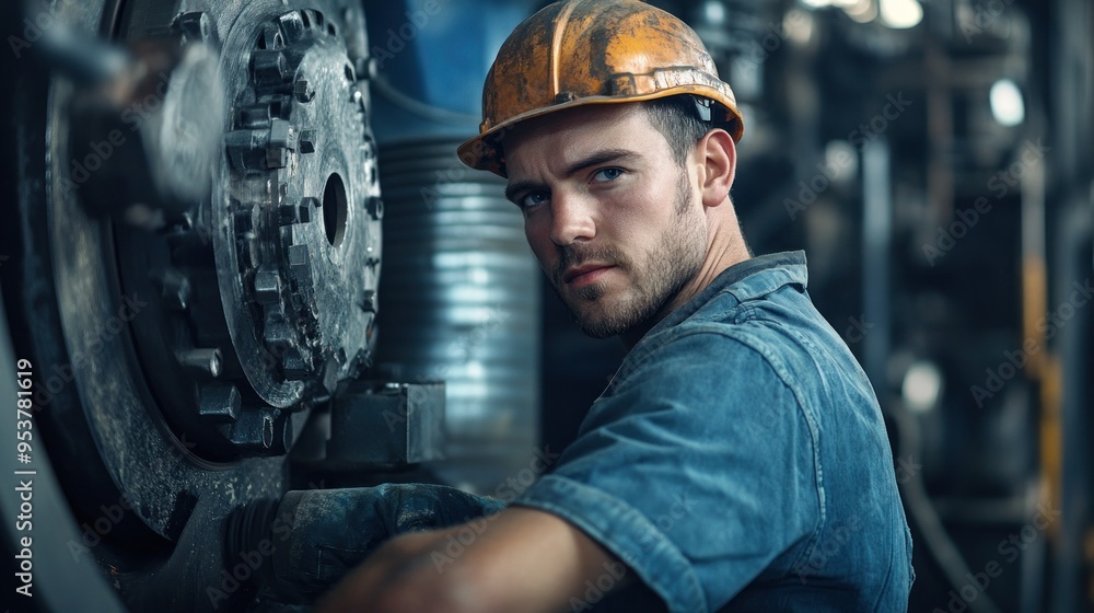 Close-up of a Machinist's Face and Arm Working on a Machine Close-up of a Machinist's Face and Arm Working on a Machine