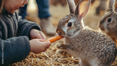 Kids feeding carrots to rabbits at a petting zoo, with soft straw underfoot and a warm atmosphere.