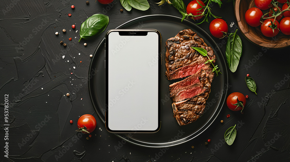 Top View of Smartphone and Grilled Steak on a Black Plate: Ideal for Steakhouse Promotions, Food Delivery Services