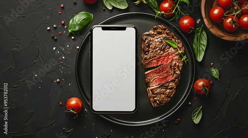 Obraz na płótnie Top View of Smartphone and Grilled Steak on a Black Plate: Ideal for Steakhouse Promotions, Food Delivery Services w salonie
