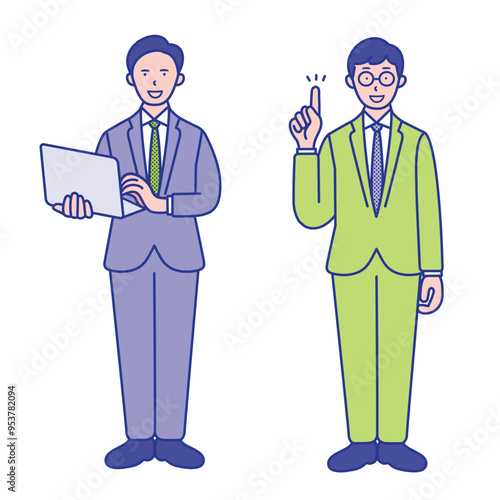 ノートパソコンを持つ　指差しポーズをする　男性ビジネスマンの全身イラスト素材【セット】