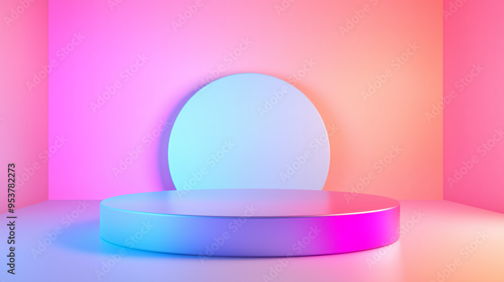 Pastel blue empty circular podium against a vibrant pink gradient background. Product display background with copy space Pastel blue empty circular podium against a vibrant pink gradient background. Product display background with copy space