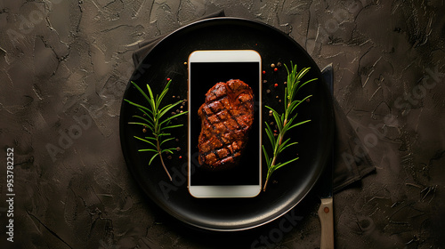 Obraz na płótnie Top View of Smartphone and Grilled Steak on a Black Plate: Ideal for Steakhouse Promotions, Food Delivery Services w salonie