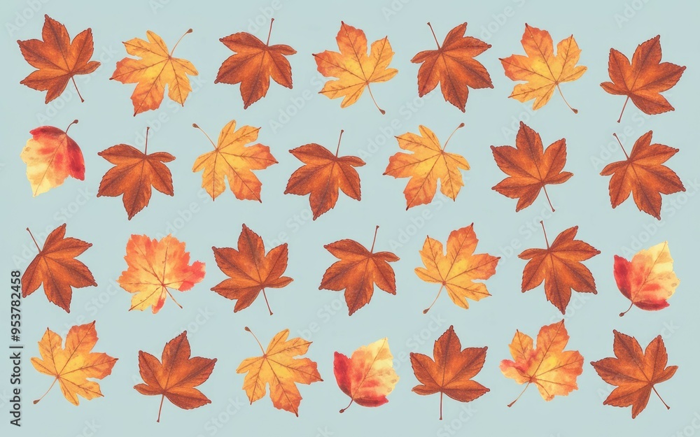 Obraz premium Autumn leaves pattern. Vibrant fall foliage arranged in a symmetrical pattern, evoking a sense of warmth and tranquility.