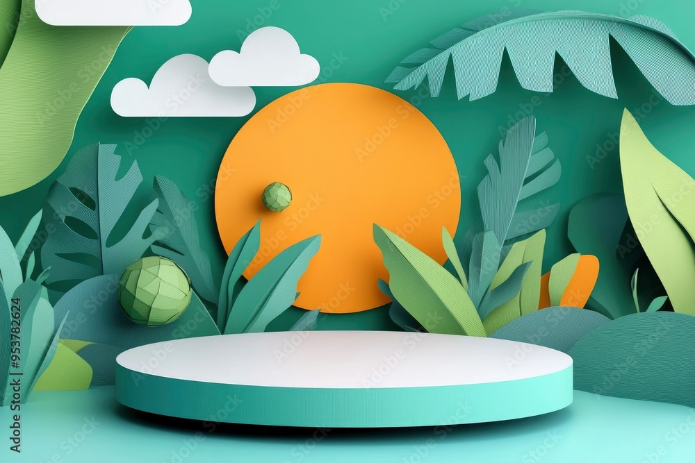 Product banner, podium platform with geometric shapes and nature background, paper illustration, and 3d paper with generative ai Product banner, podium platform with geometric shapes and nature background, paper illustration, and 3d paper with generative ai