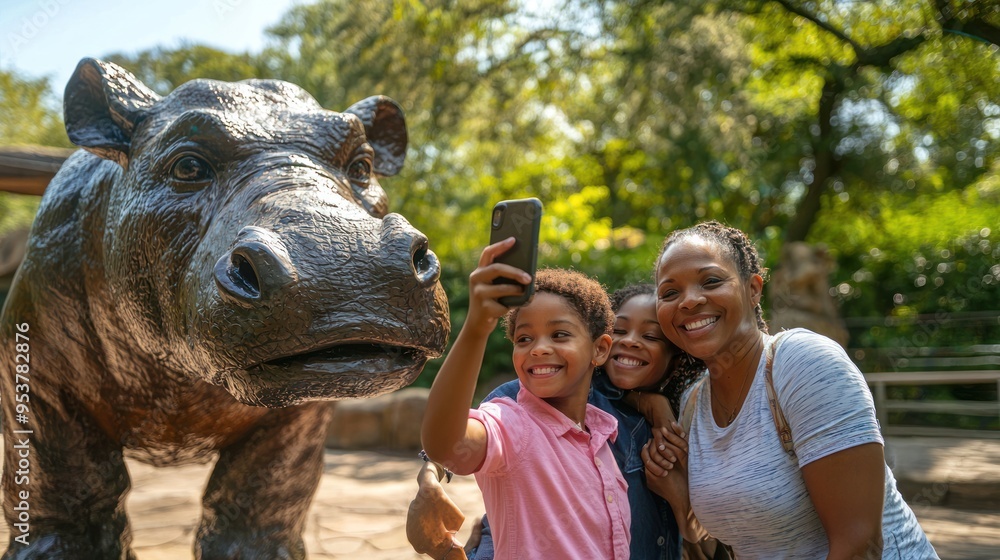 Fototapeta premium A family taking a selfie in front of a zoo’s large animal statue, capturing their fun day out.