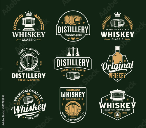 Vector white and gold vintage whiskey logo isolated on a dark green background for distillery, bar, pub branding, design and identity