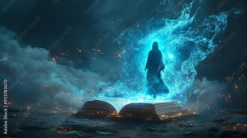 A mystical scene depicting a cloaked figure emerging from an open book surrounded by ethereal blue energy and swirling clouds. A mystical scene depicting a cloaked figure emerging from an open book surrounded by ethereal blue energy and swirling clouds.