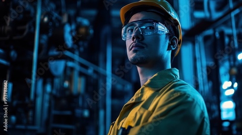 A Factory Worker Looking Up in a Blue Lit Room