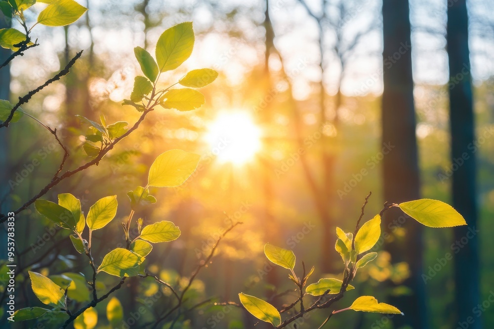 Obraz premium Springtime forest with setting sun shining through leaves and branches. Nature, forestry, habitat, environment and sustainability concepts with generative ai