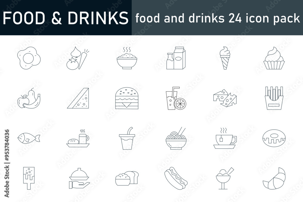 Collection of 24 food & drinks line icons. These design elements are suitable for your projects and are provided as vector illustrations. Collection of 24 food & drinks line icons. These design elements are suitable for your projects and are provided as vector illustrations.