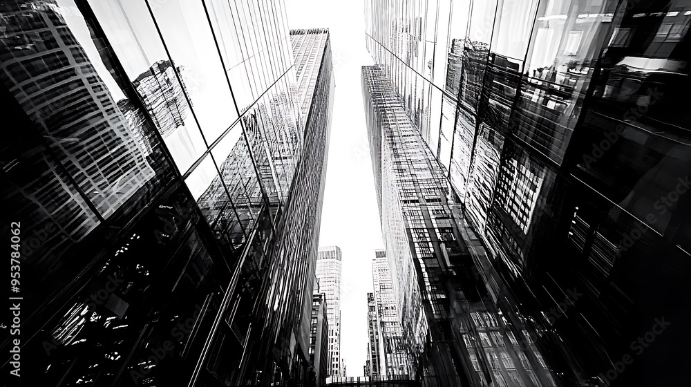 A Low Angle View of Two Tall Glass Buildings in a City A Low Angle View of Two Tall Glass Buildings in a City