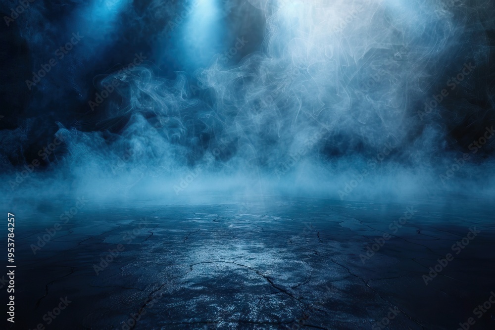 Abstract technology studio with dark blue floor and smoke texture. Abstract technology studio with dark blue floor and smoke texture.
