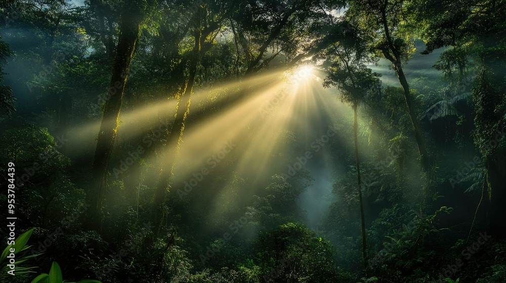 Obraz premium Dark rainforest, sun rays through the trees, rich jungle greenery 