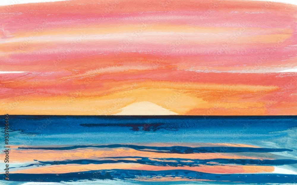 Obraz premium Sunset seascape. Watercolor painting of a vibrant sunset over a calm ocean, with colors of pink, orange, and blue.