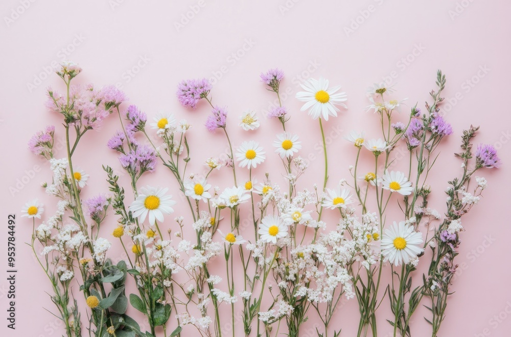 Fototapeta premium Delicate Wildflowers on Pink Background