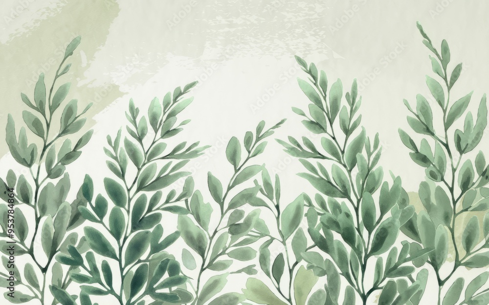 Naklejka premium Watercolor green foliage. Artistic watercolor painting of green foliage, featuring delicate leaves and branches. This image conveys serenity and growth.