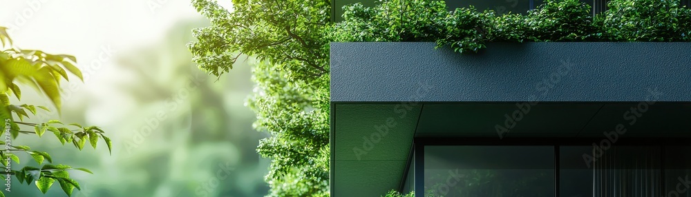 A modern building exterior adorned with lush greenery, blending nature seamlessly with contemporary architecture. A modern building exterior adorned with lush greenery, blending nature seamlessly with contemporary architecture.