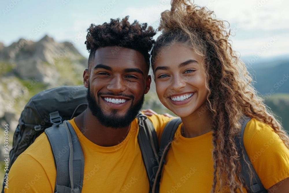 A happy couple wearing backpacks and matching yellow attire, smile brightly while standing together amidst scenic mountainous landscapes, portraying a sense of adventure and companionship.