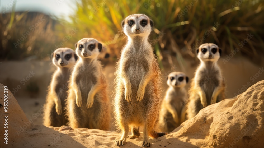 Fototapeta premium A group of meerkats standing alert in their zoo exhibit, with a sandy terrain.