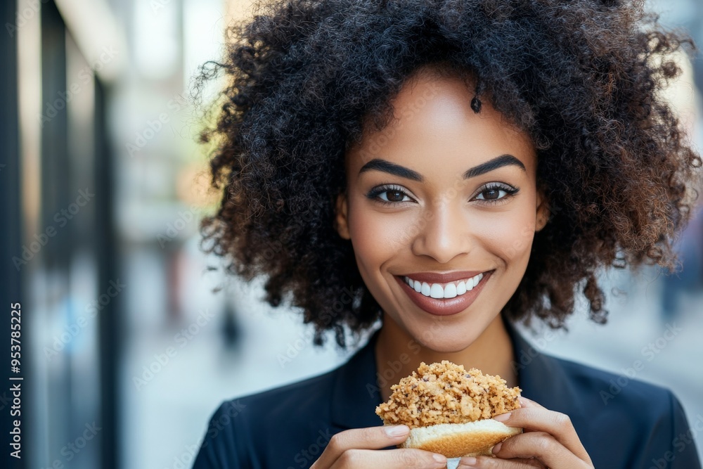 A cheerful woman with curly hair smiles broadly while holding a dessert outdoors, dressed in a dark top, with blurred background of a city street and natural light. A cheerful woman with curly hair smiles broadly while holding a dessert outdoors, dressed in a dark top, with blurred background of a city street and natural light.