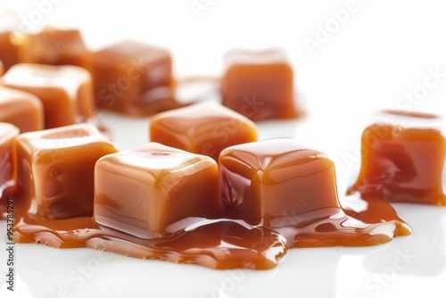 Caramel candies with caramel sauce isolated on a white background close up.