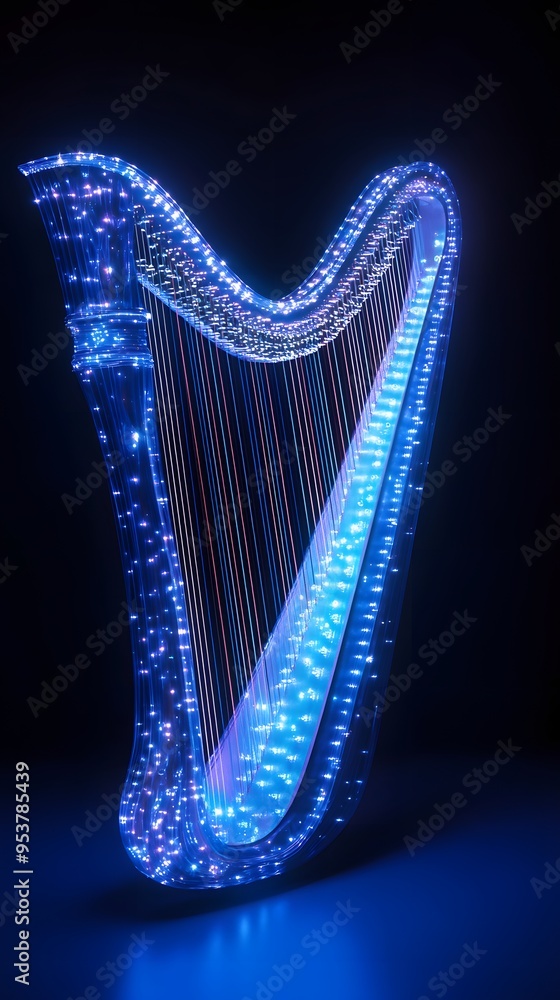Obraz premium Glowing Blue Harp with Strings and Lights